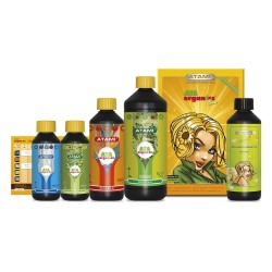 Paquete de 5 botellas color negro tapon amarillo, etiquetas color verde, naranja y azul. Caja color amarillo.