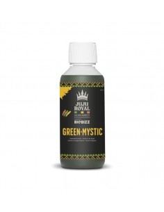 Botella de 250 ml de fertilizante Green-Mystic de Juju Royal y BioBizz con diseño tribal.