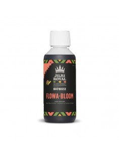 Botella de "Flowa-Bloom" de 250 ml, marca "Juju Royal Julian Marley", patrón tribal colorido.