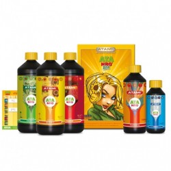 Caja amarilla con 5 botellas de color negro, etiquetas de colores amarilo, verde, rojo,naranja y azul