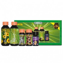 5 botes opacos de color oscuro, tapon color naranja y etiquetas en colores vivos